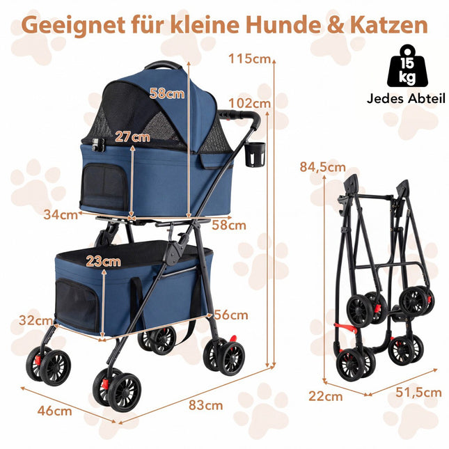 Foldable 3-in-1 Pet Stroller with Dual Carriers, Blue