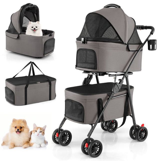 Foldable 3-in-1 Pet Stroller with Dual Carriers, Gray