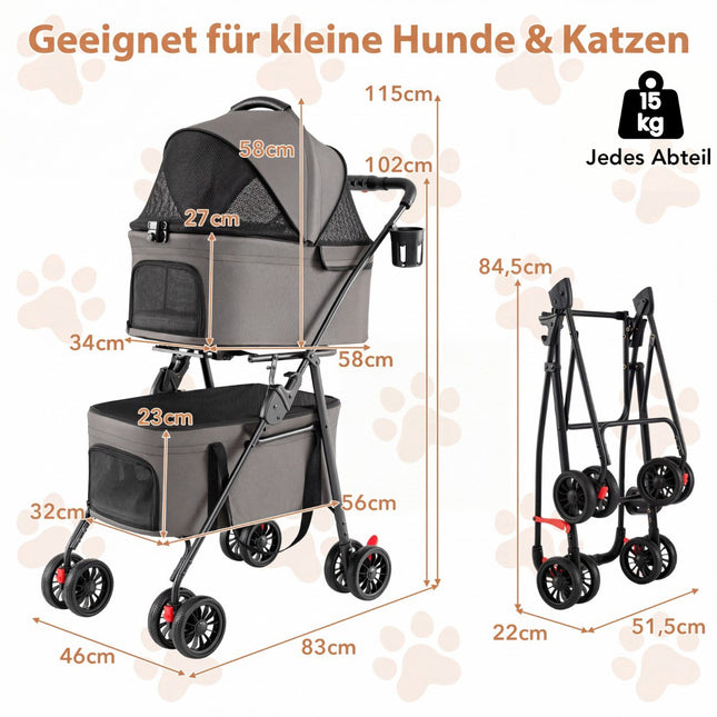 Foldable 3-in-1 Pet Stroller with Dual Carriers, Gray