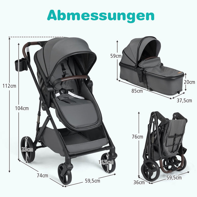 Opvouwbare 3-in-1 kinderwagen met omkeerbare zitting, grijs