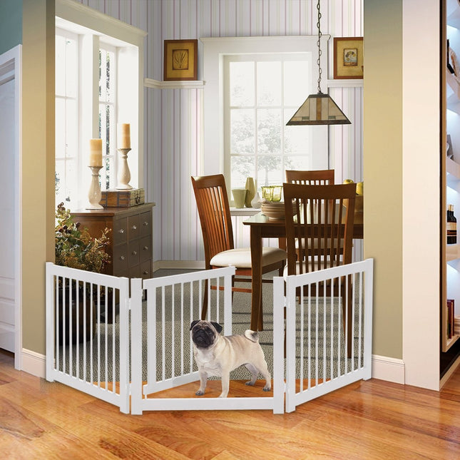 Foldable 3-part dog barrier with pinewood gate for doors/stairs, 61cm high, white