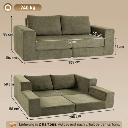 Foldable 4-in-1 Sofa Bed 2-Seater with Back Cushions, Green, Chenille