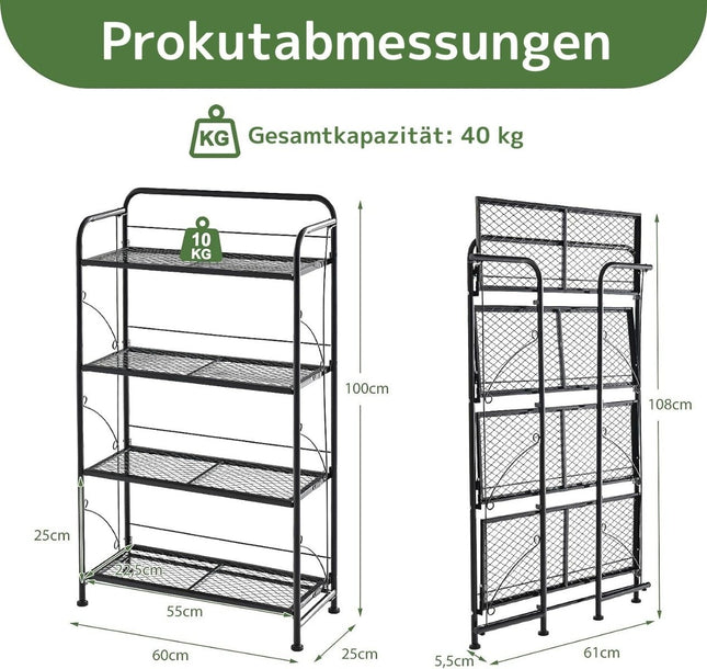 Foldable 4-tier metal plant stand with adjustable shelf can hold up to 40 kg