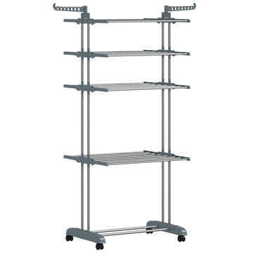 Foldable 5-Tier Clothes Drying Rack with Wheels, Grey