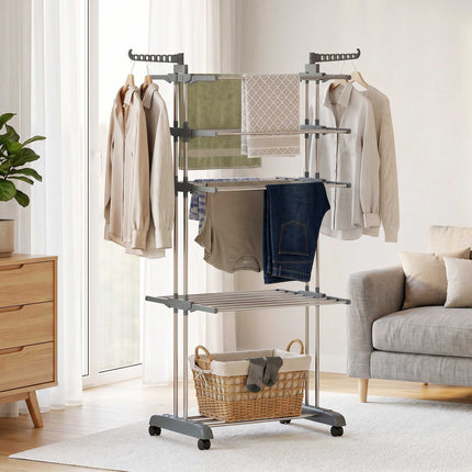 Foldable 5-Tier Clothes Drying Rack with Wheels, Grey