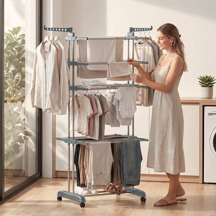 Foldable 5-Tier Clothes Drying Rack with Wheels, Grey