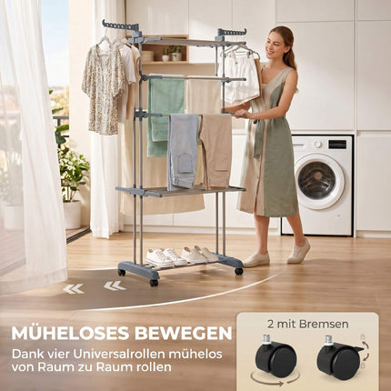 Foldable 5-Tier Clothes Drying Rack with Wheels, Grey