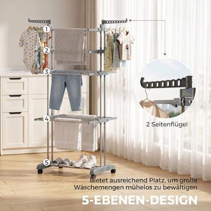 Foldable 5-Tier Clothes Drying Rack with Wheels, Grey