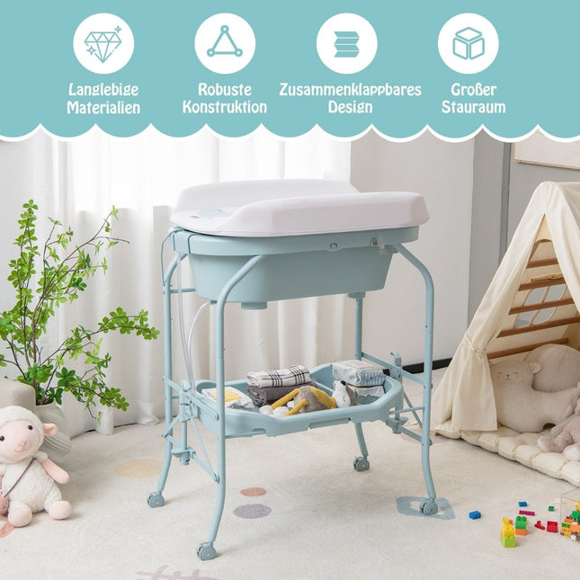 Foldable Baby Changing Table with Bath, Storage & Wheels