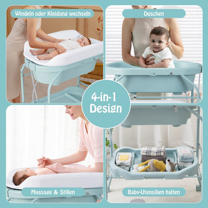 Foldable Baby Changing Table with Bath, Storage & Wheels