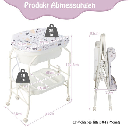 Foldable Baby Changing Table with Bath, Storage, Wheels