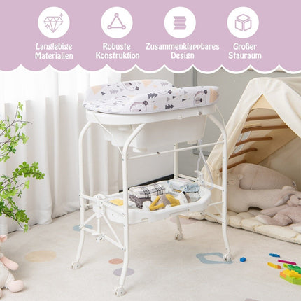 Foldable Baby Changing Table with Bath, Storage, Wheels