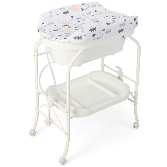 Foldable Baby Changing Table with Bath, Storage, Wheels