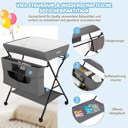 Foldable Baby Changing Table with Wheels, Adjustable Height