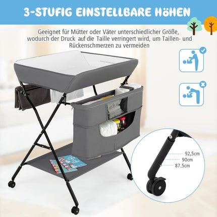 Foldable Baby Changing Table with Wheels, Adjustable Height