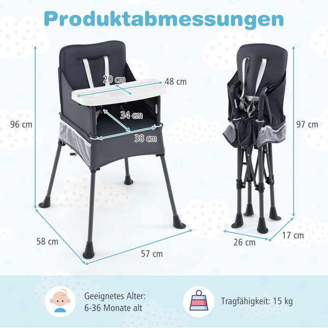 Foldable Baby High Chair with Adjustable Tray & Carry Bag