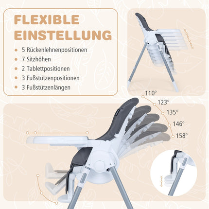 Foldable Baby High Chair with Recline & Adjustable Backrest