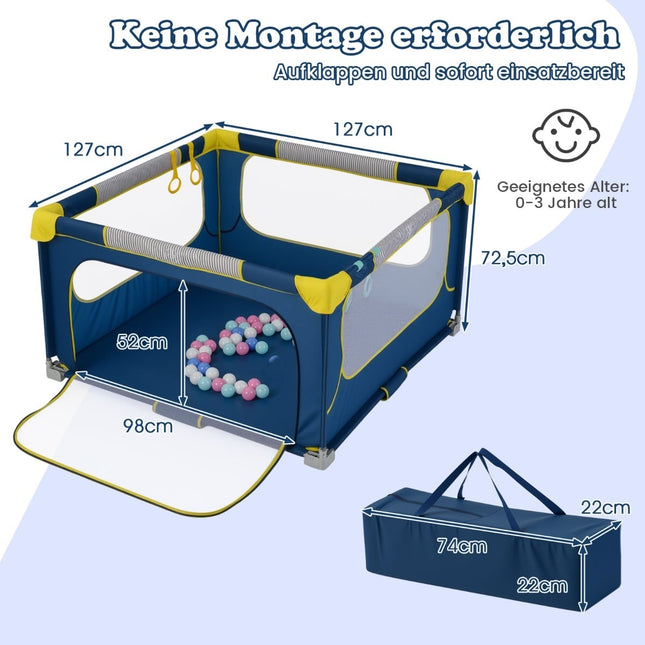 Foldable Baby Playpen with 50 Balls & Zipper Door, Blue