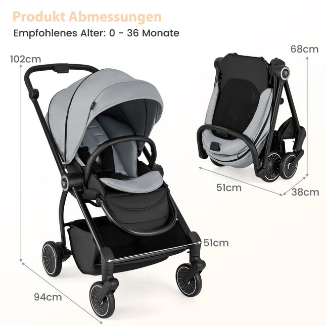 Foldable Baby Stroller with Reversible Seat, Grey