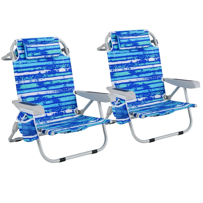 Foldable Backpack Beach Chairs Set of 2, Cup Holder, Navy