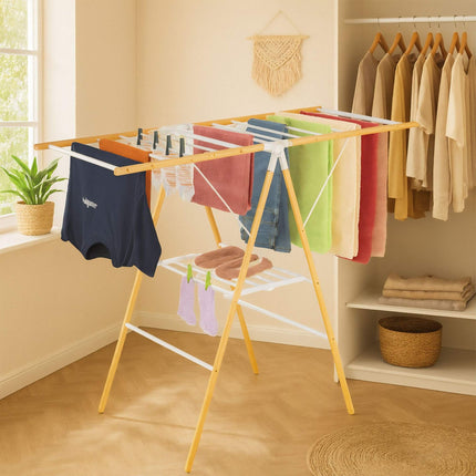Foldable Bamboo & Metal Laundry Rack with Wings