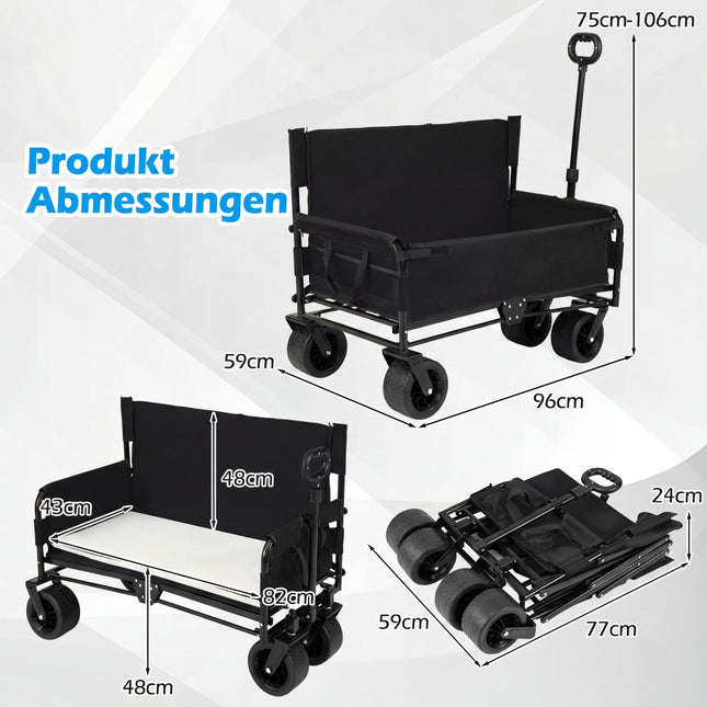 Foldable Beach Wagon with Seat, Adjustable Handle, Black