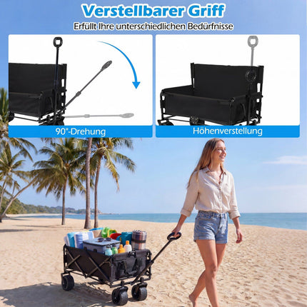 Foldable Beach Wagon with Seat, Adjustable Handle, Black
