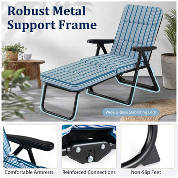 Foldable Blue Sun Lounger with Adjustable Backrest & Cushion