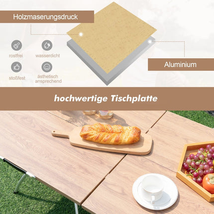 Foldable Camping Table Set, Wood Grain Top, Aluminum Frame