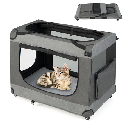 Foldable Cat Carrier, XL, 4 Lockable Wheels, Mesh Doors