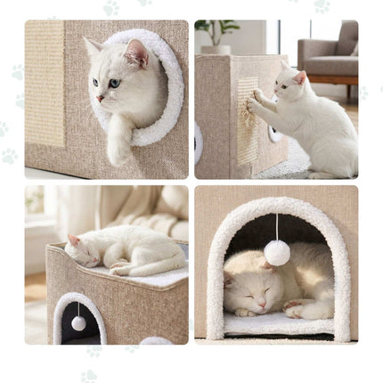 Foldable Cat Cave with Scratch Pad, Beige, 34x60x40 cm