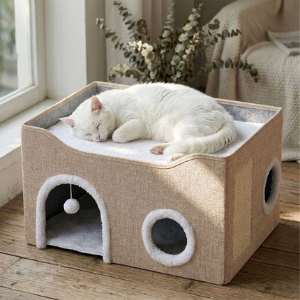 Foldable Cat Cave with Scratch Pad, Beige, 34x60x40 cm