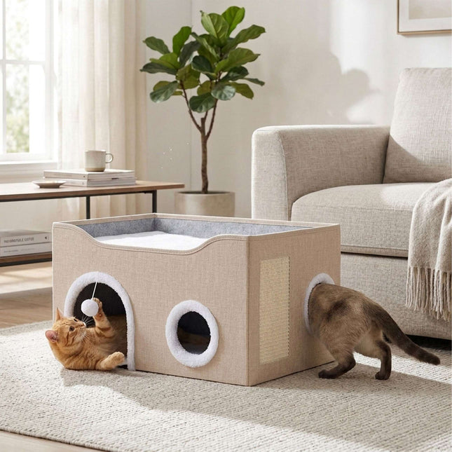 Foldable Cat Cave with Scratch Pad, Beige, 34x60x40 cm