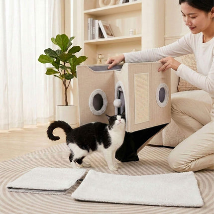 Foldable Cat Cave with Scratch Pad, Beige, 34x60x40 cm