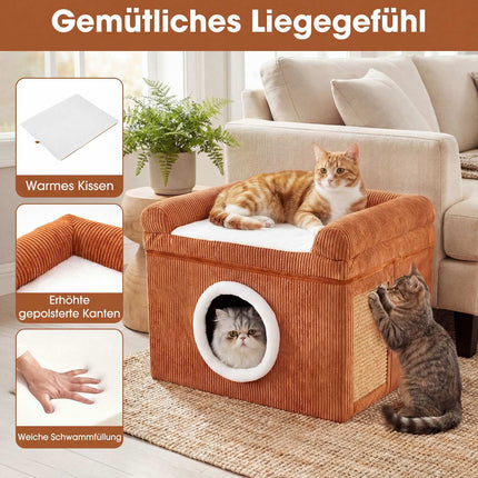 Foldable Cat House with Sisal Scratch Mat & Cushion, Brown