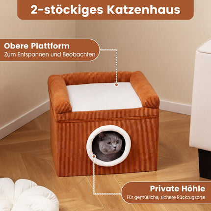 Foldable Cat House with Sisal Scratch Mat & Cushion, Brown