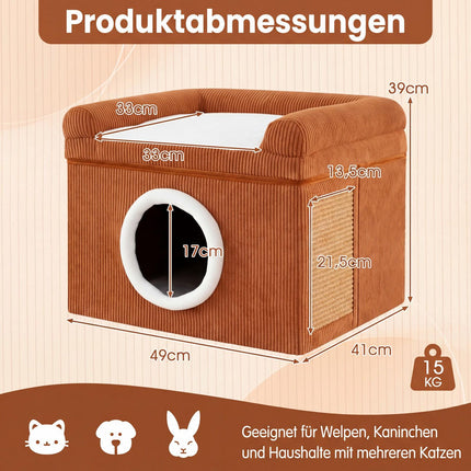 Foldable Cat House with Sisal Scratch Mat & Cushion, Brown