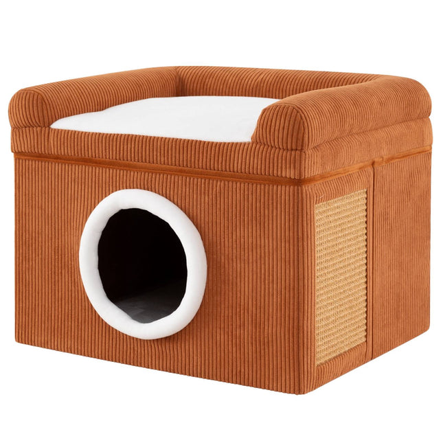 Foldable Cat House with Sisal Scratch Mat & Cushion, Brown