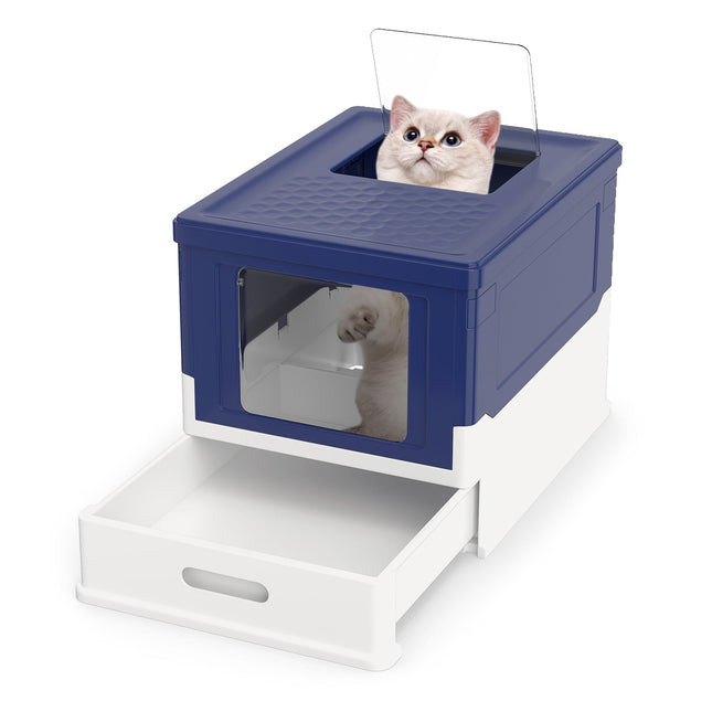 Foldable Cat Litter Box with Lid & Pull-Out Tray, Blue