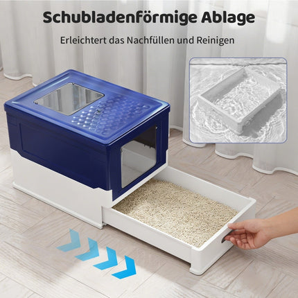 Foldable Cat Litter Box with Lid & Pull-Out Tray, Blue