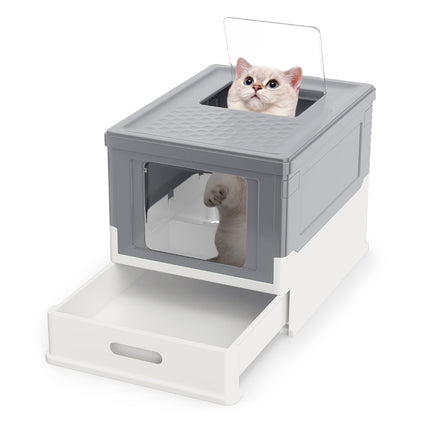 Foldable Cat Litter Box with Lid & Pull-Out Tray, Gray