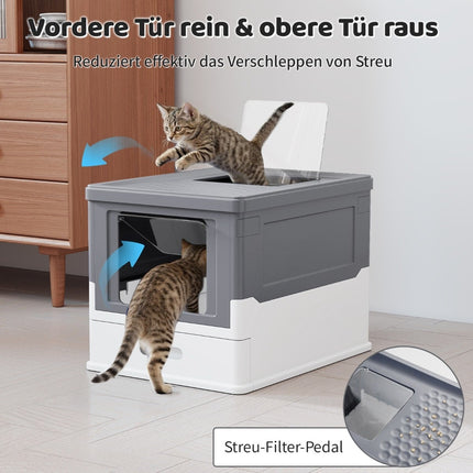 Foldable Cat Litter Box with Lid & Pull-Out Tray, Gray
