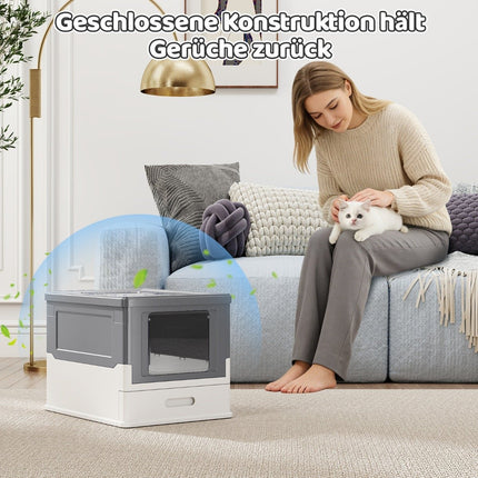 Foldable Cat Litter Box with Lid & Pull-Out Tray, Gray