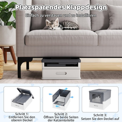 Foldable Cat Litter Box with Lid & Pull-Out Tray, Gray