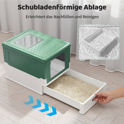 Foldable Cat Litter Box with Lid & Pull-Out Tray, Green