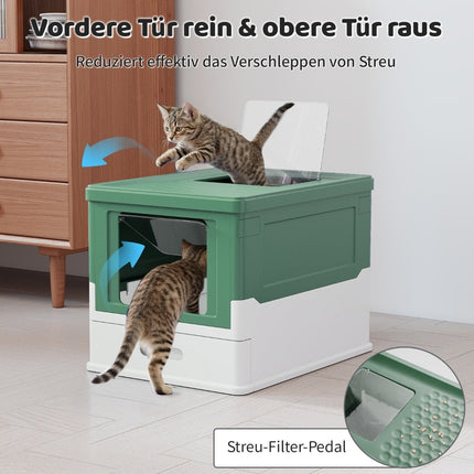 Foldable Cat Litter Box with Lid & Pull-Out Tray, Green