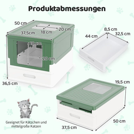 Foldable Cat Litter Box with Lid & Pull-Out Tray, Green