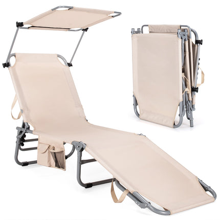 Foldable Chaise Lounge Chair With Sunshade, Side Pocket