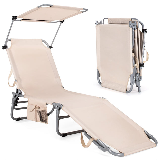 Foldable Chaise Lounge Chair With Sunshade, Side Pocket