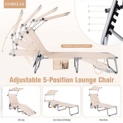Foldable Chaise Lounge Chair With Sunshade, Side Pocket